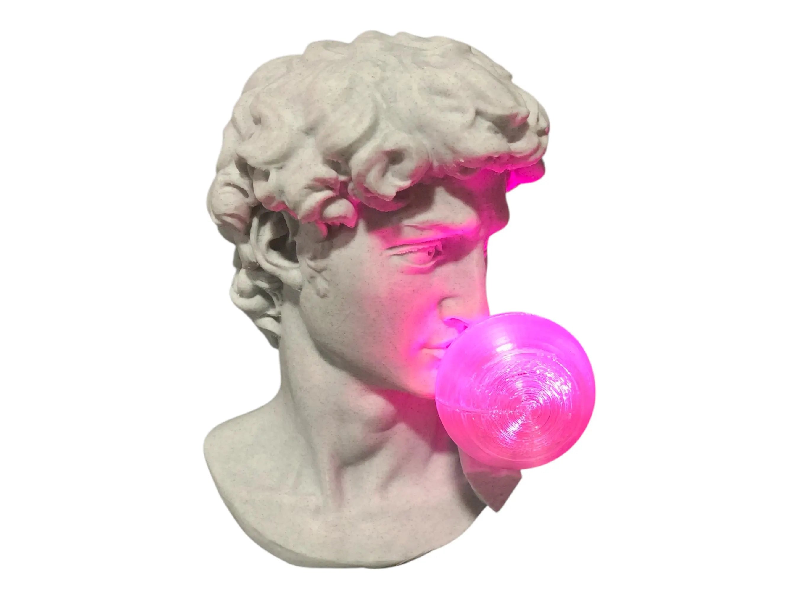Statue of a classical bust blowing a pink bubble with a white background