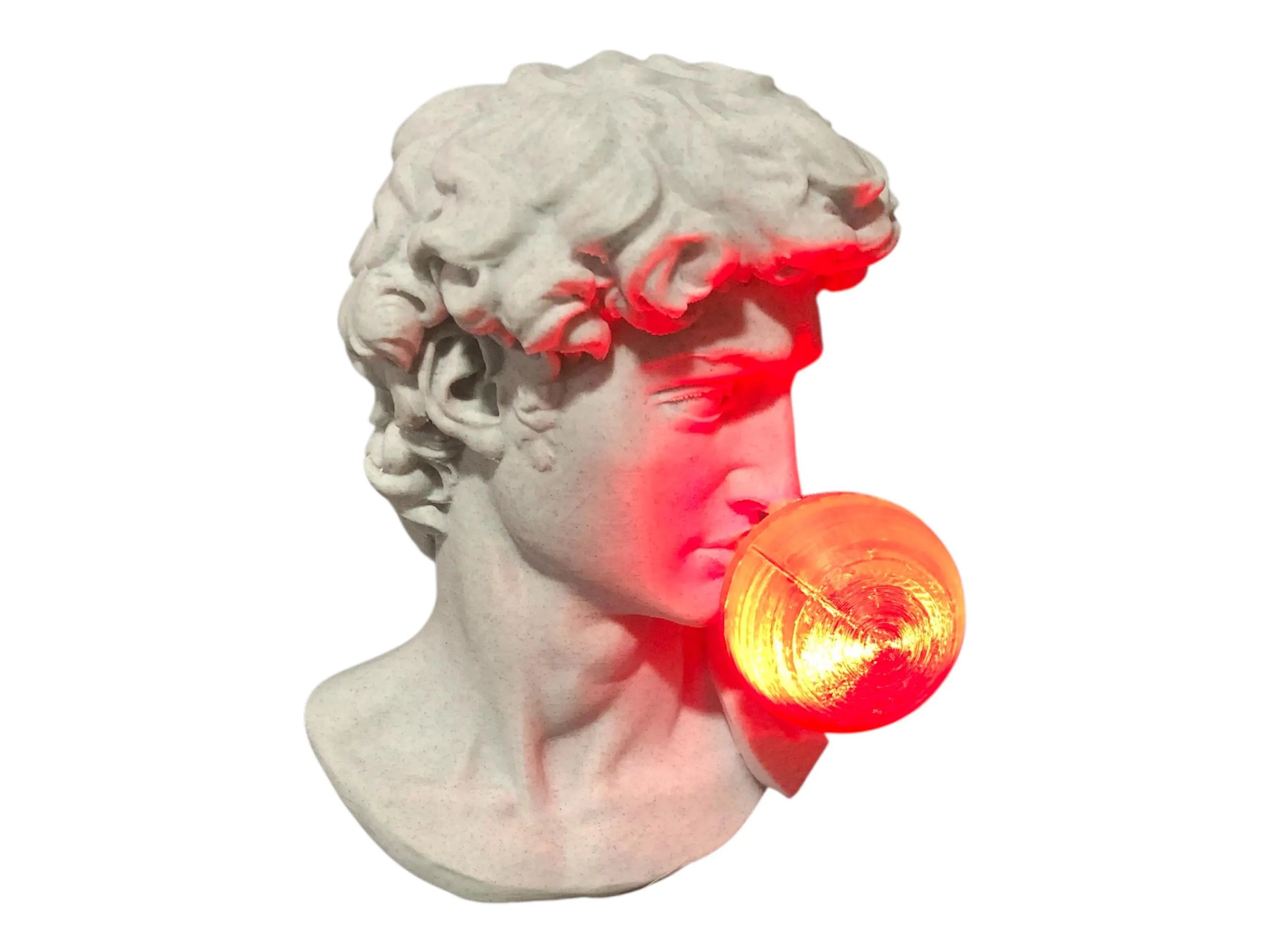 Statue head with a red light bulb on a white background