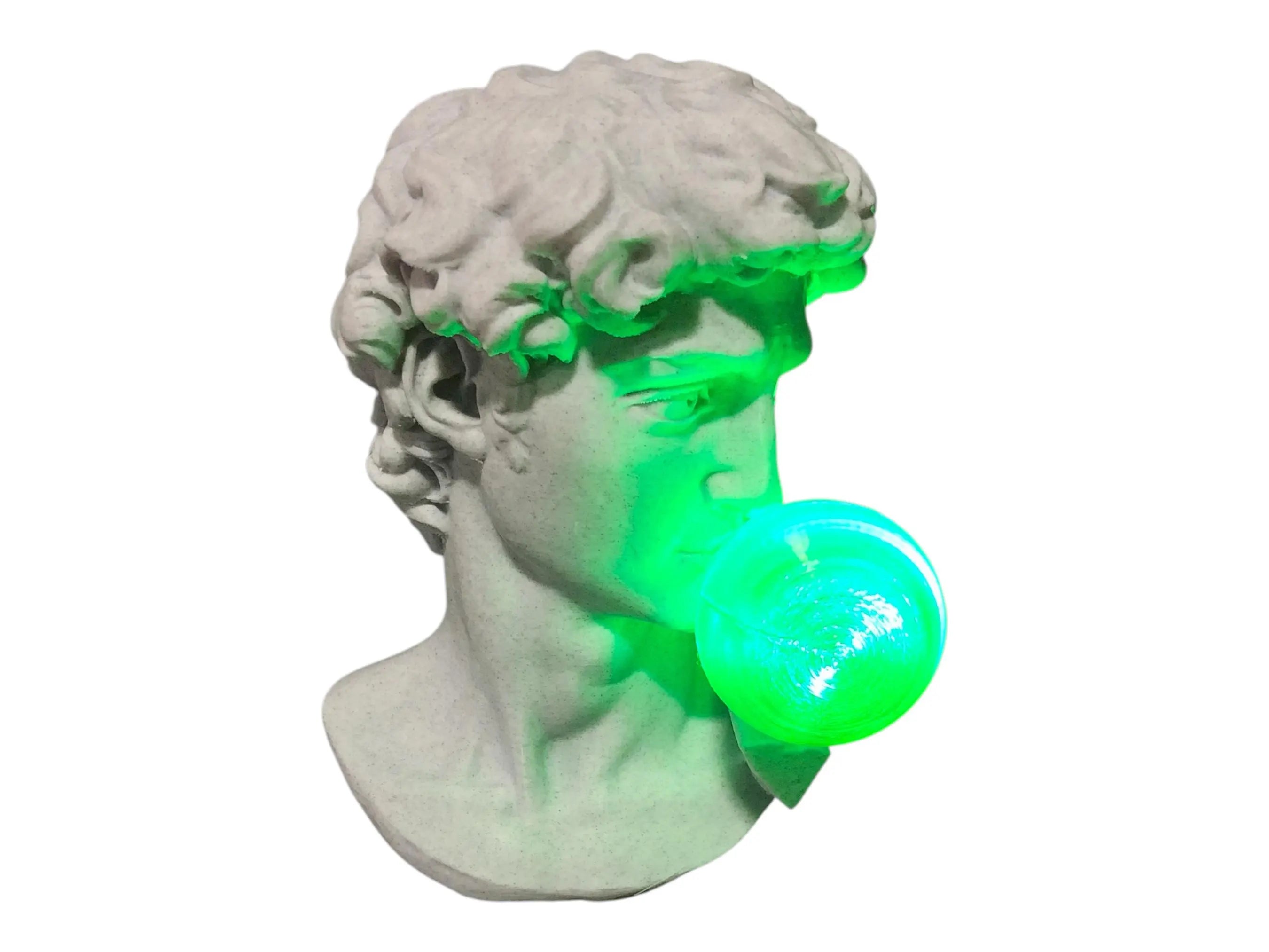Statue head with a green light bulb attached on a white background