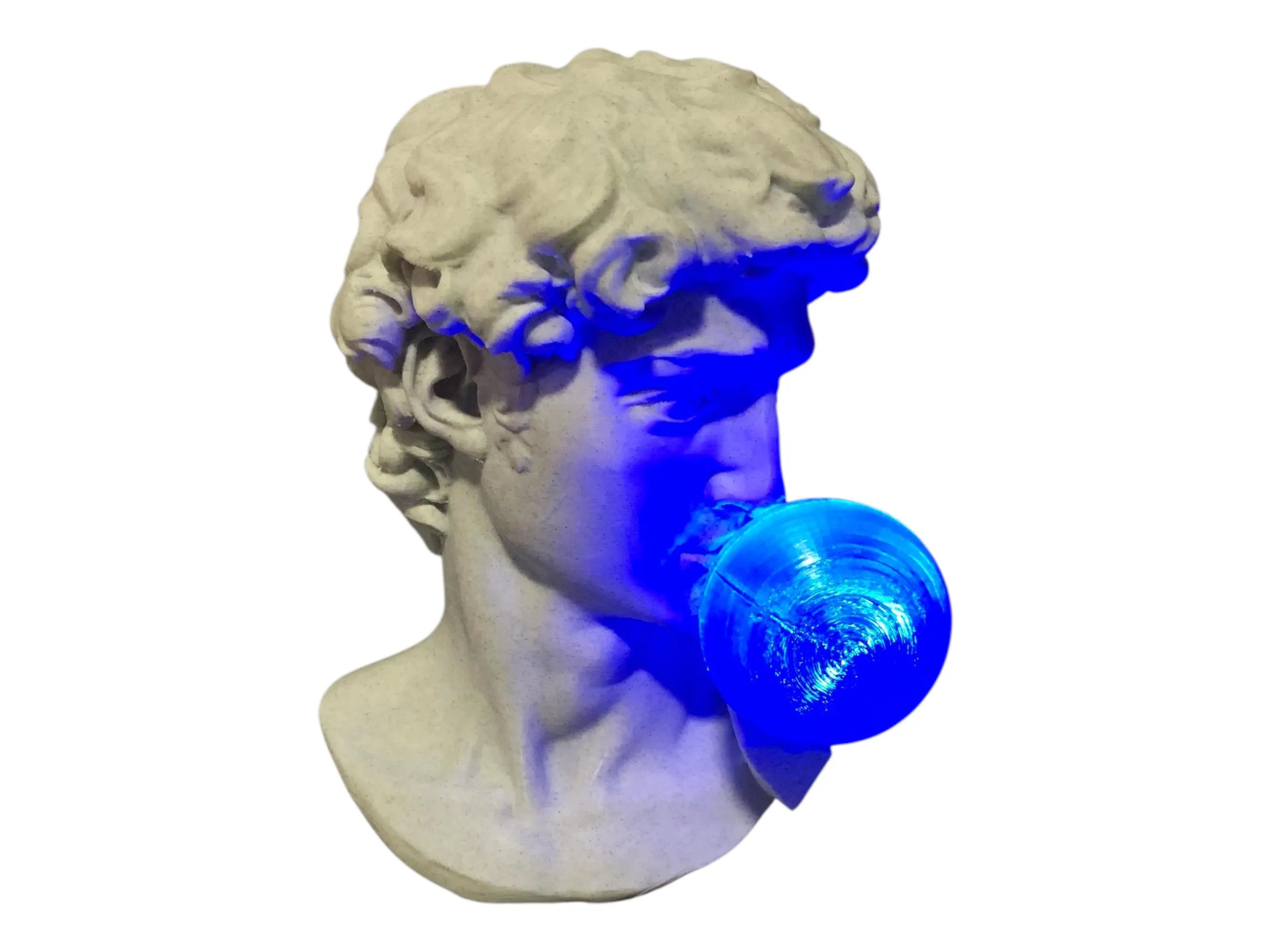 Statue head with a blue light bulb on a white background